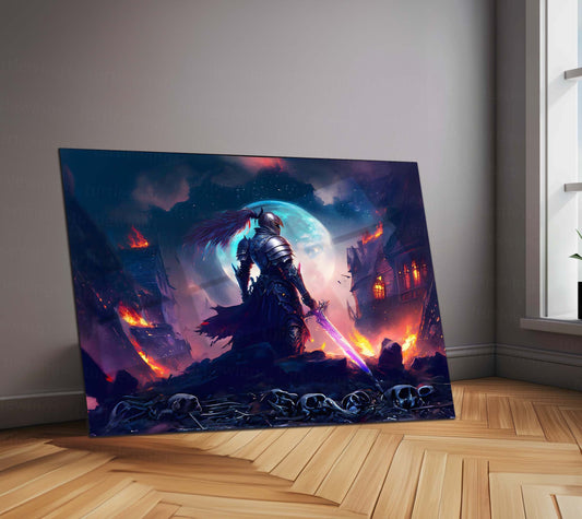 Dark Knight With Burning Village Metal Poster | Epic Fantasy Warrior Wall Art