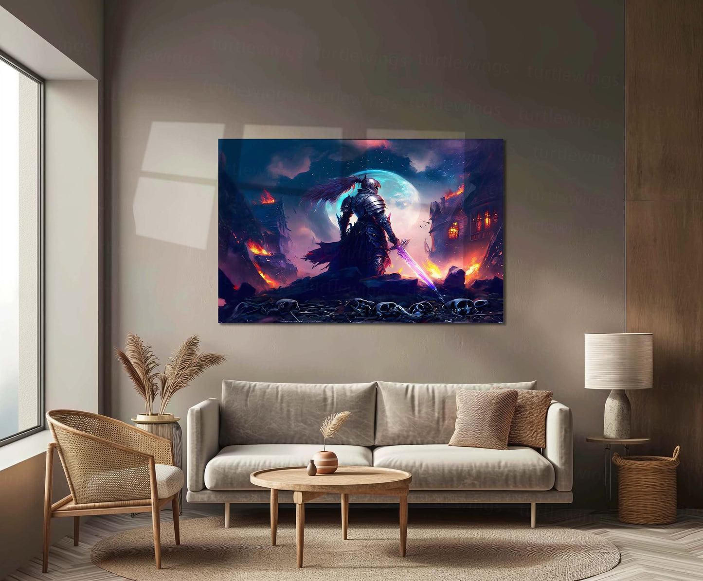 Dark Knight With Burning Village Metal Poster | Epic Fantasy Warrior Wall Art
