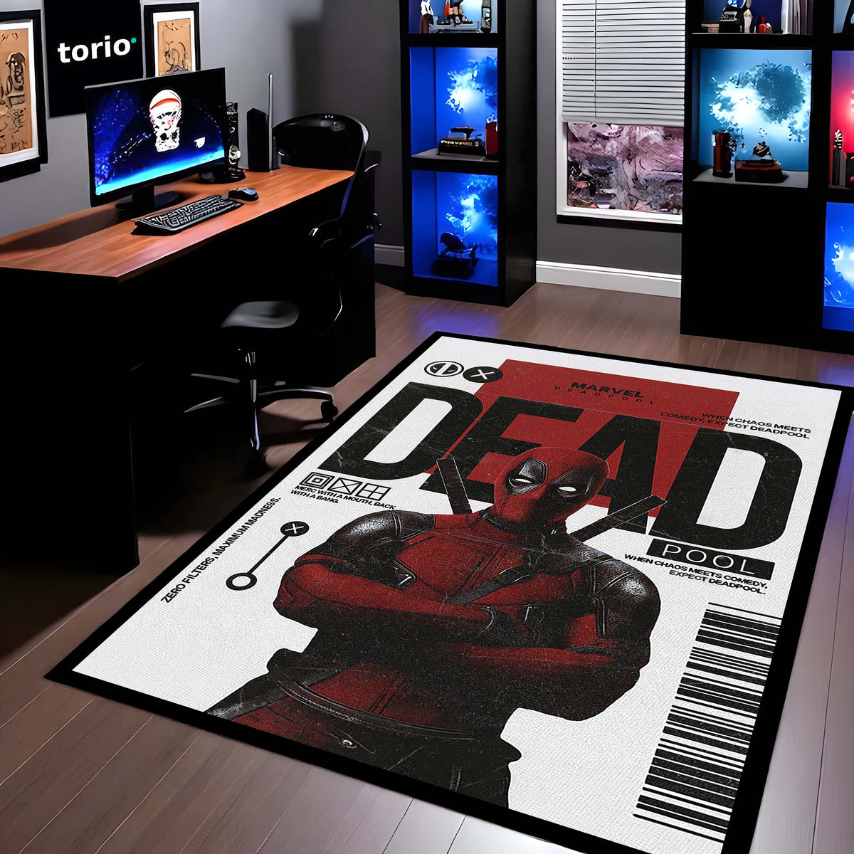 Deadpool Comic Art Area Flat Rug | Marvel Inspired Superhero Floor Mat | Minimalist Graphic Gaming Flat Rug for Bedroom, Gaming Room & Fan Decor