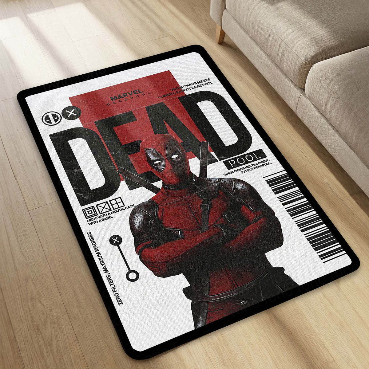 Deadpool Comic Art Area Flat Rug | Marvel Inspired Superhero Floor Mat | Minimalist Graphic Gaming Flat Rug for Bedroom, Gaming Room & Fan Decor