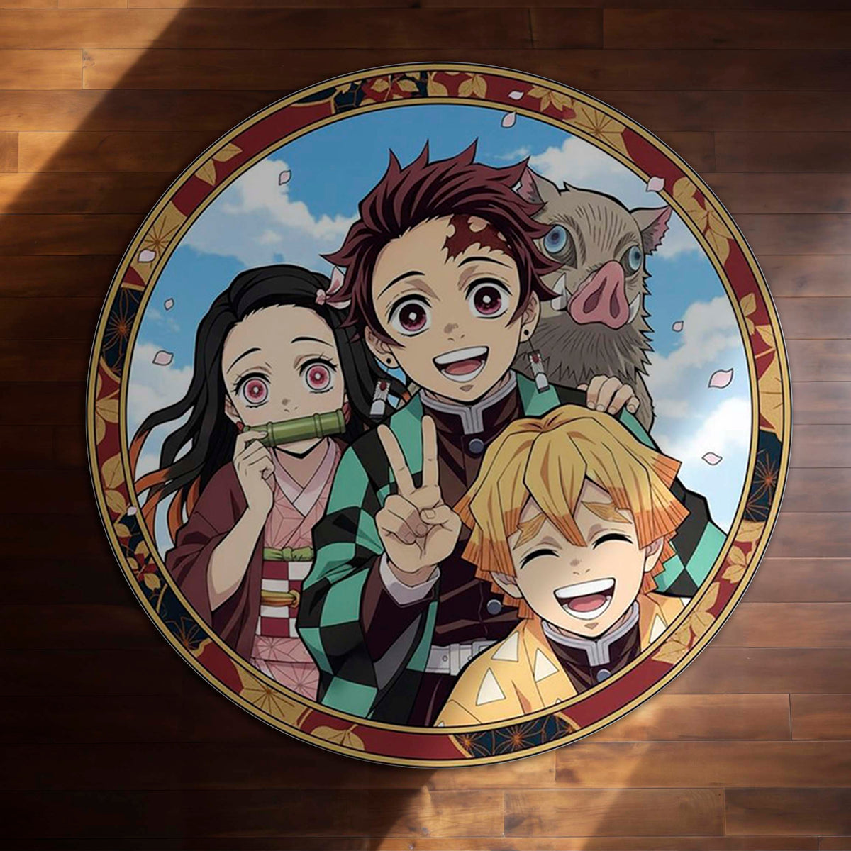 Demon Slayer Round Area Flat Rug | Tanjiro, Nezuko, Zenitsu & Inosuke Anime Circle Floor Mat | Anti-Slip 3 mm Absorbent Flat Rug for Bedroom, Gaming Room & Otaku Decor