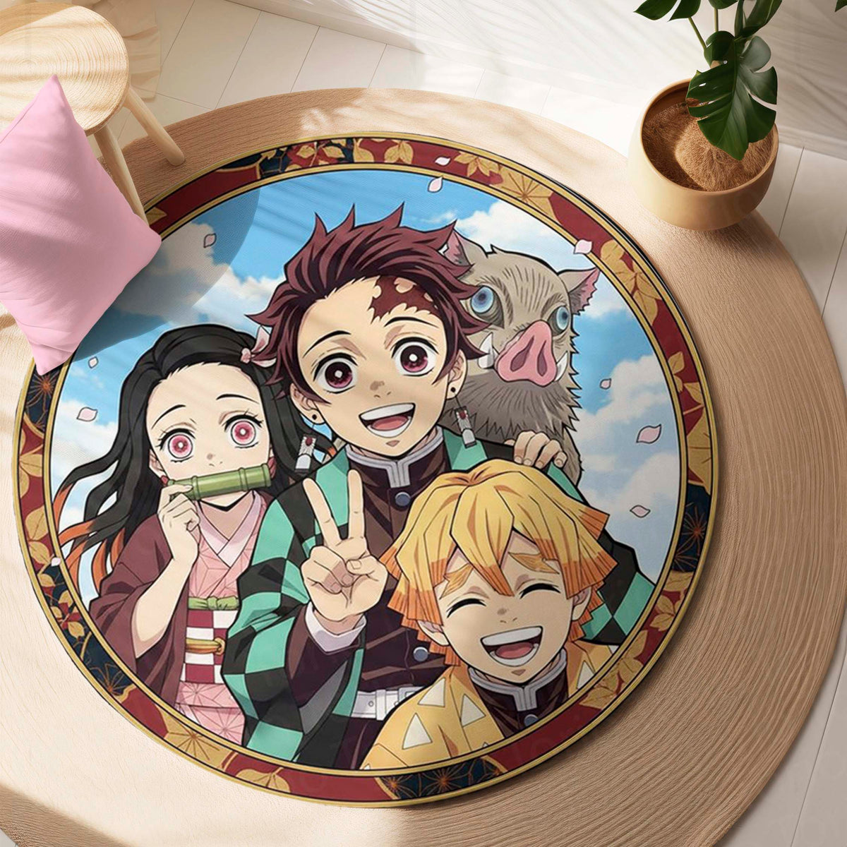 Demon Slayer Round Area Flat Rug | Tanjiro, Nezuko, Zenitsu & Inosuke Anime Circle Floor Mat | Anti-Slip 3 mm Absorbent Flat Rug for Bedroom, Gaming Room & Otaku Decor