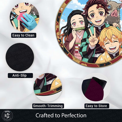 Demon Slayer Round Area Flat Rug | Tanjiro, Nezuko, Zenitsu & Inosuke Anime Circle Floor Mat | Anti-Slip 3 mm Absorbent Flat Rug for Bedroom, Gaming Room & Otaku Decor