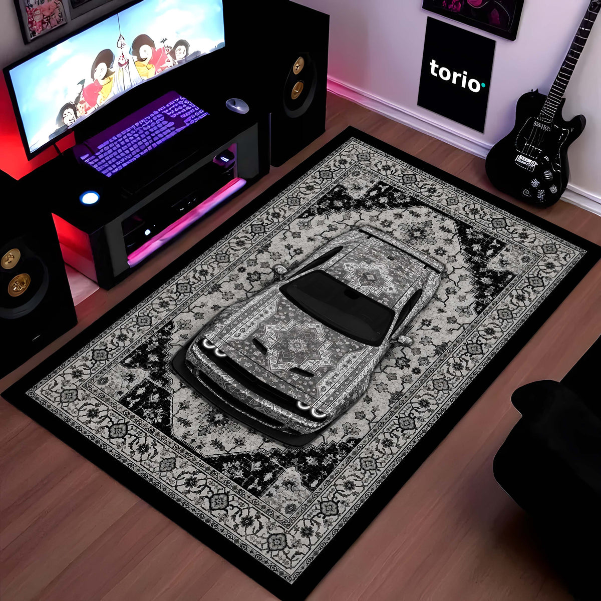 Dodge Challenger SRT Hellcat Persian Wrap Area Flat Rug | Luxury Muscle Car Floor Mat | Monochrome Automotive Carpet for Bedroom, Gaming Room, Garage & Car Enthusiast Decor