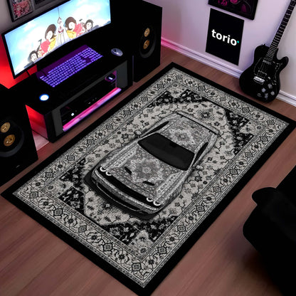 Dodge Challenger SRT Hellcat Persian Wrap Area Flat Rug | Luxury Muscle Car Floor Mat | Monochrome Automotive Carpet for Bedroom, Gaming Room, Garage & Car Enthusiast Decor