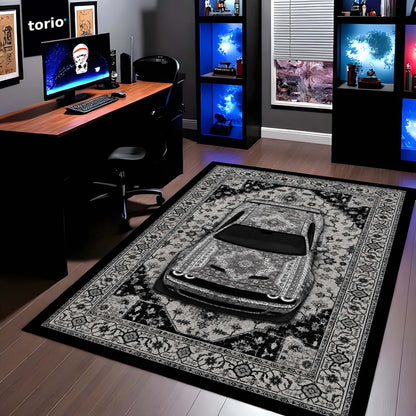 Dodge Challenger SRT Hellcat Persian Wrap Area Flat Rug | Luxury Muscle Car Floor Mat | Monochrome Automotive Carpet for Bedroom, Gaming Room, Garage & Car Enthusiast Decor