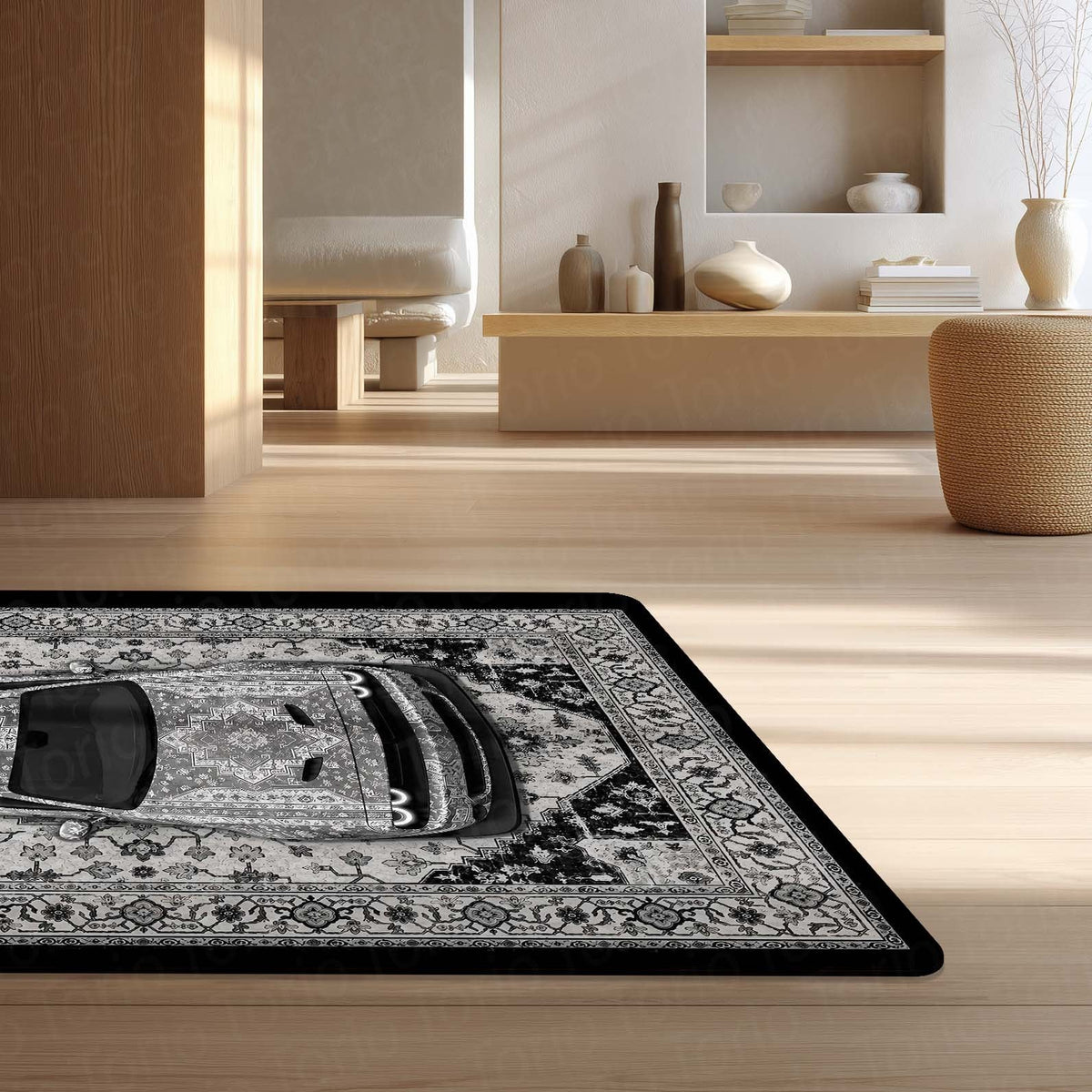 Dodge Challenger SRT Hellcat Persian Wrap Area Flat Rug | Luxury Muscle Car Floor Mat | Monochrome Automotive Carpet for Bedroom, Gaming Room, Garage & Car Enthusiast Decor