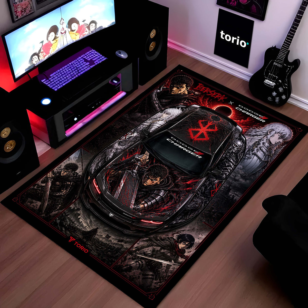 Berserk Dodge Charger Anime Area Flat Rug | Guts & Griffith Dark Fantasy Floor Mat | Berserk Gaming Flat Rug for Bedroom, Gaming Room, Anime Setup & Otaku Decor