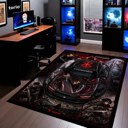Berserk Dodge Charger Anime Area Flat Rug | Guts & Griffith Dark Fantasy Floor Mat | Berserk Gaming Flat Rug for Bedroom, Gaming Room, Anime Setup & Otaku Decor