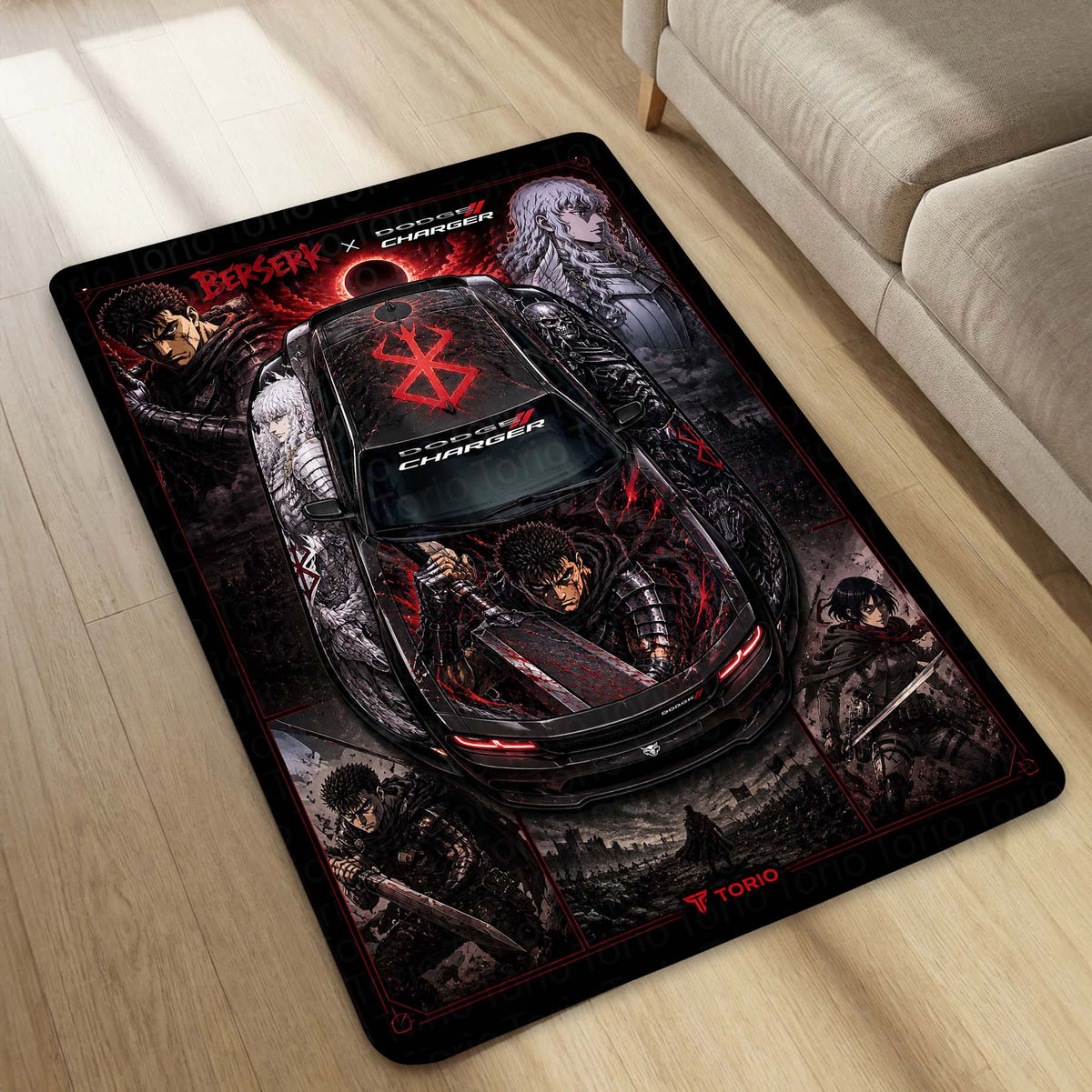 Berserk Dodge Charger Anime Area Flat Rug | Guts & Griffith Dark Fantasy Floor Mat | Berserk Gaming Flat Rug for Bedroom, Gaming Room, Anime Setup & Otaku Decor
