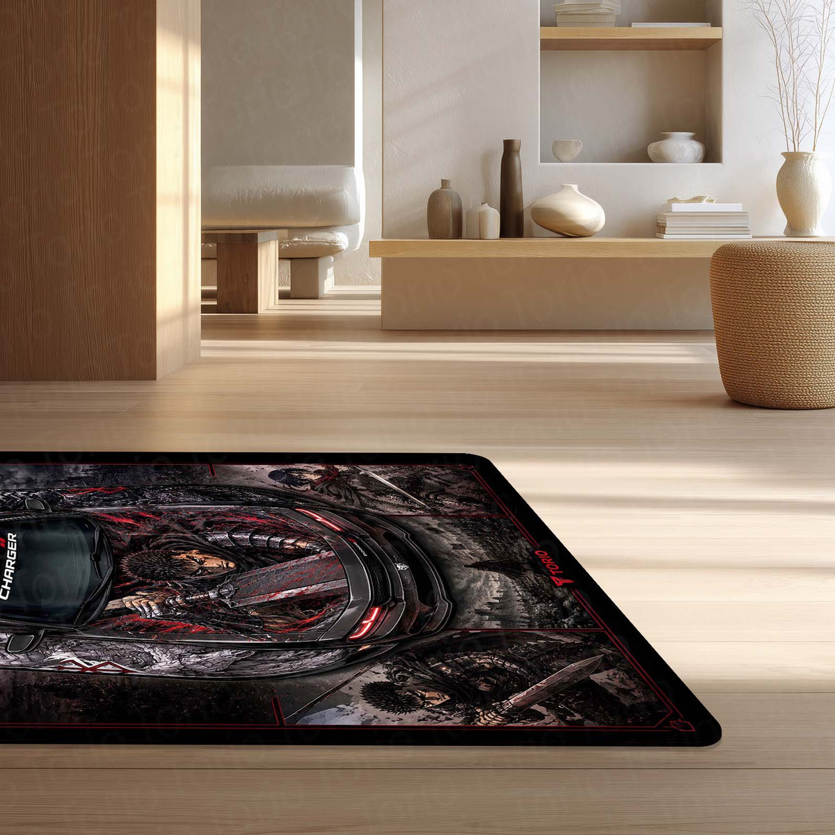Berserk Dodge Charger Anime Area Flat Rug | Guts & Griffith Dark Fantasy Floor Mat | Berserk Gaming Flat Rug for Bedroom, Gaming Room, Anime Setup & Otaku Decor
