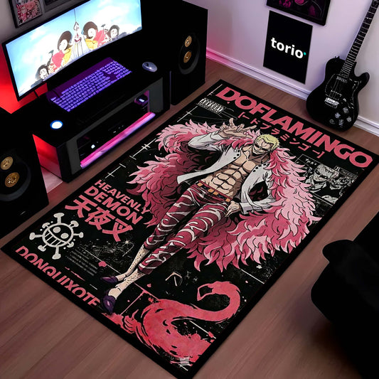 Doflamingo Anime Area Flat Rug | One Piece Villain Floor Mat | Donquixote Doflamingo Poster Style Flat Rug for Bedroom, Gaming Room & Otaku Decor