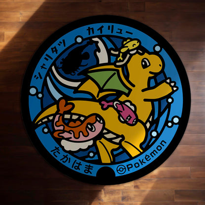Dragonite & Tatsugiri Round Area Flat Rug | Pokémon Anime Circle Floor Mat | Anti-Slip 3 mm Absorbent Flat Rug for Bedroom, Gaming Room & Pokémon Decor