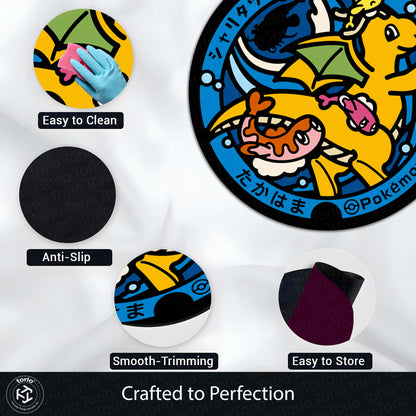 Dragonite & Tatsugiri Round Area Flat Rug | Pokémon Anime Circle Floor Mat | Anti-Slip 3 mm Absorbent Flat Rug for Bedroom, Gaming Room & Pokémon Decor