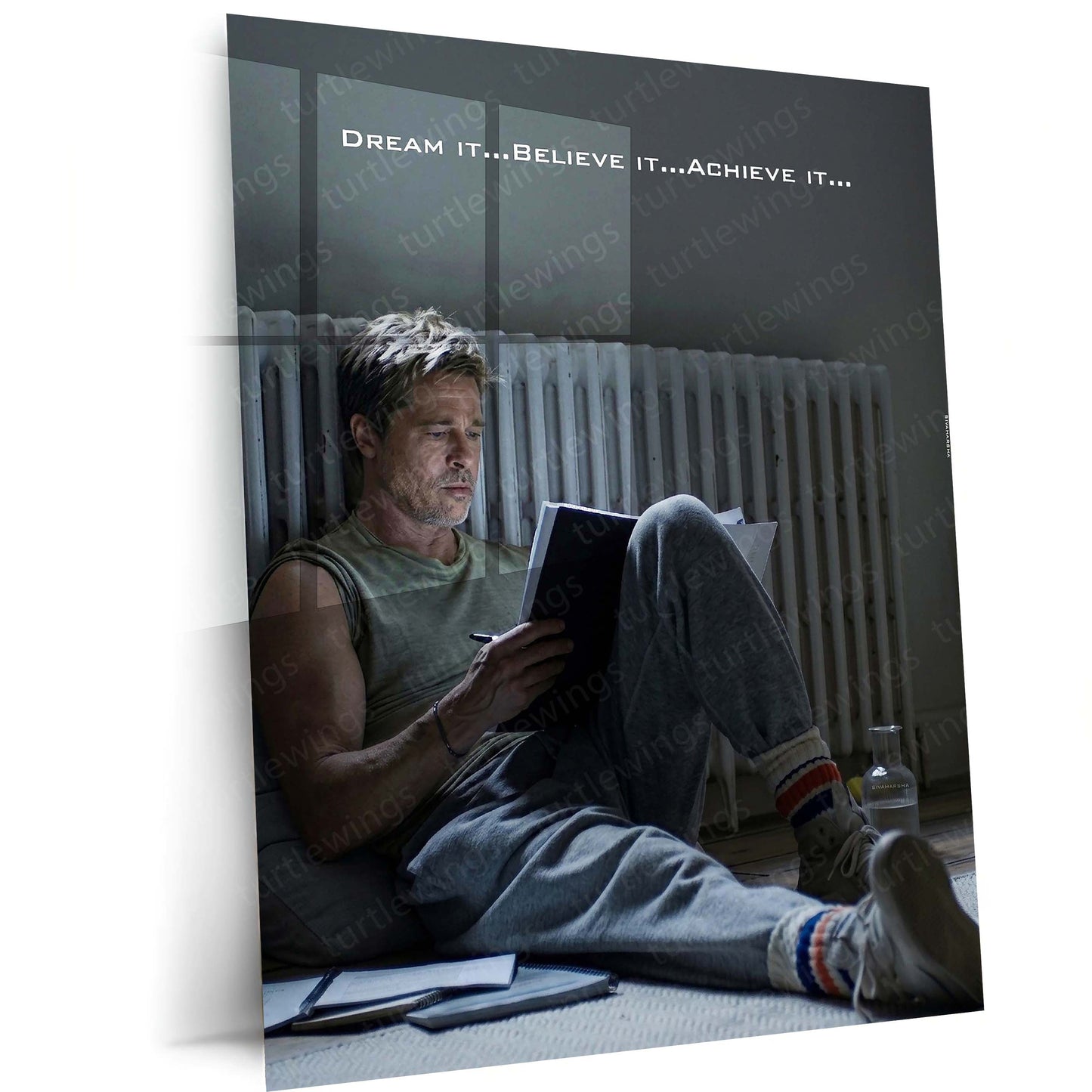 Quote Metal Poster | Brad Pitt – Dream It, Believe It, Achieve It | Motivational Mindset Metal Frame | Inspirational Cinema Wall Art by TurtleWings