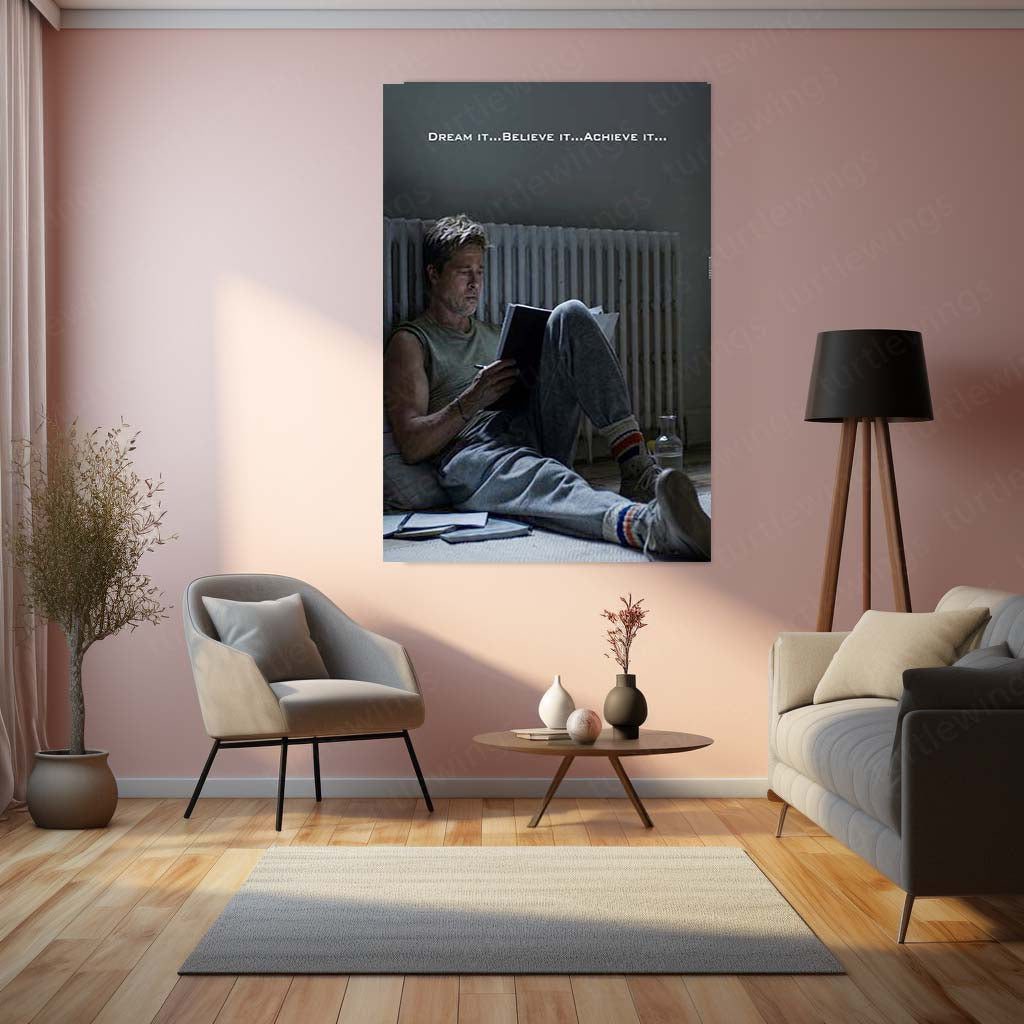 Quote Metal Poster | Brad Pitt – Dream It, Believe It, Achieve It | Motivational Mindset Metal Frame | Inspirational Cinema Wall Art by TurtleWings