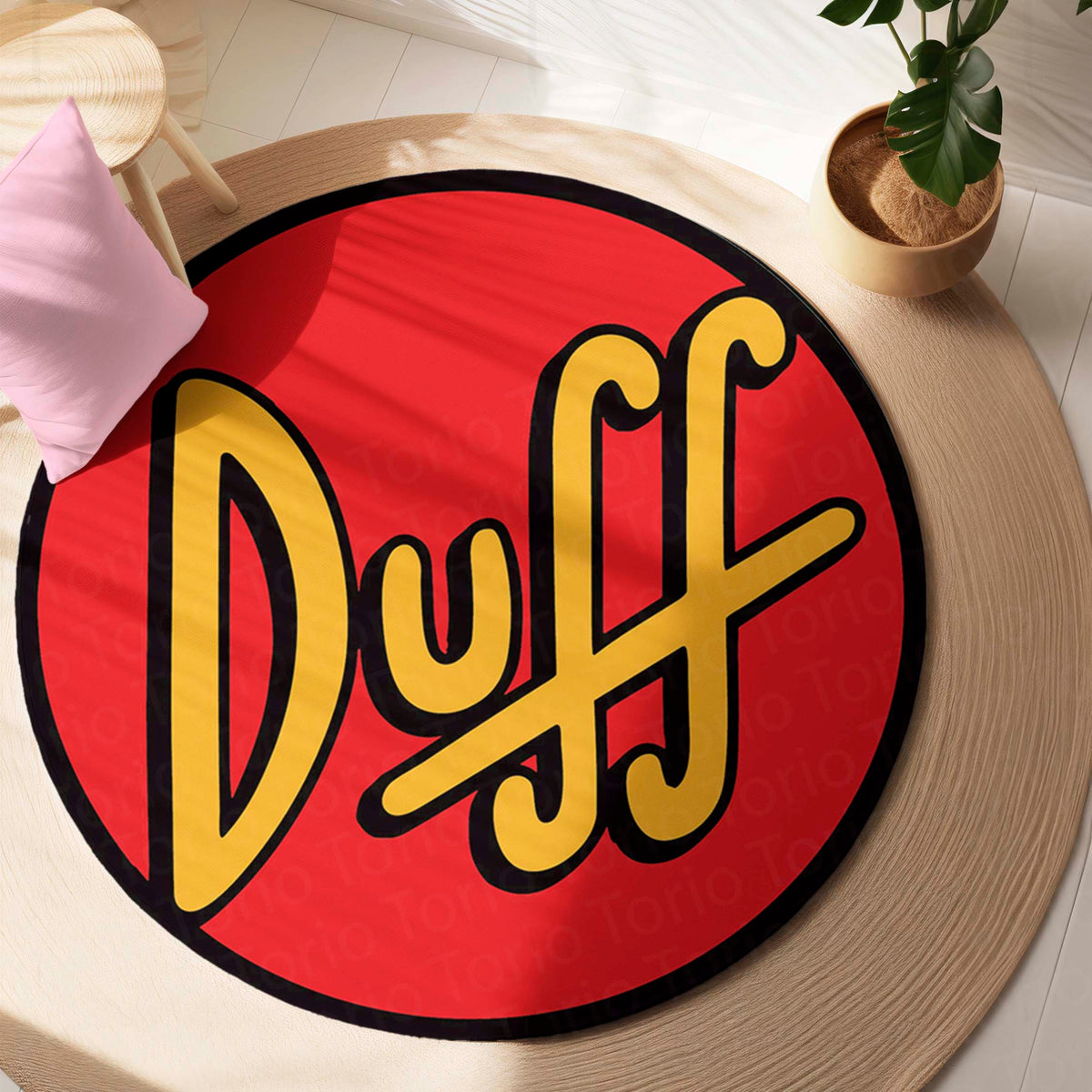 Duff Beer Round Area Flat Rug | Simpsons Inspired Circle Floor Mat | Anti-Slip 3 mm Absorbent Flat Rug for Bedroom, Bar, Gaming Room & Man Cave Decor