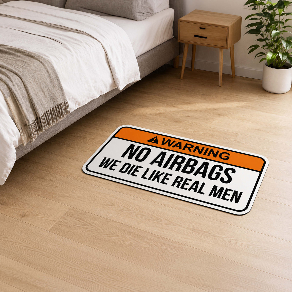 Warning No Airbags We Die Like Real Men Flat Rug | Funny Car Meme Floor Decor | Automotive Humor Statement Flat Rug