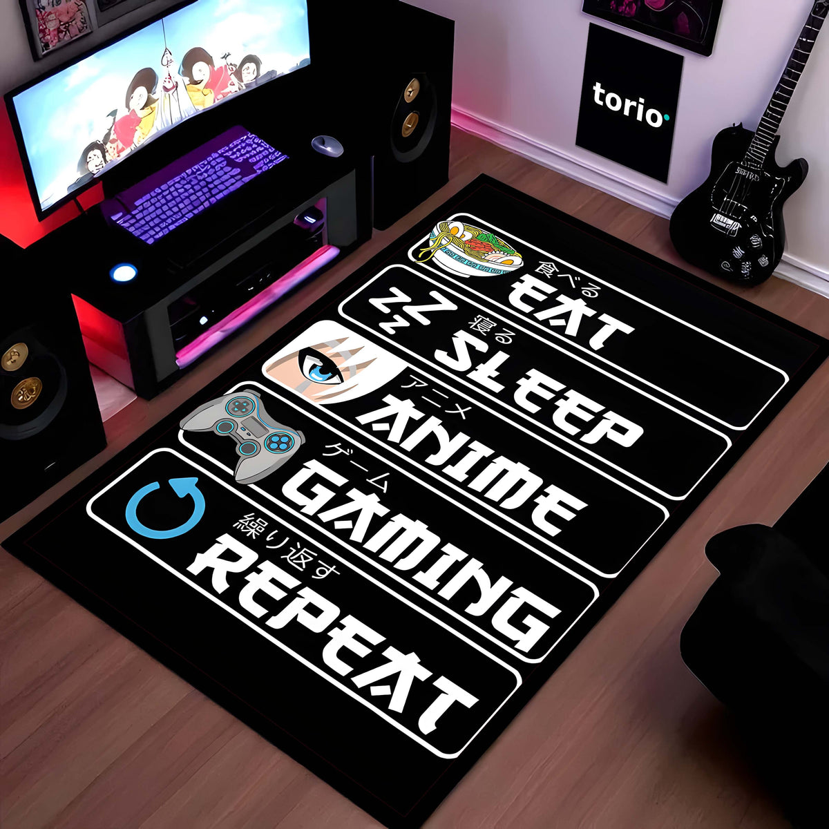 Eat Sleep Anime Gaming Repeat Floor Mat (3 mm Thick) | Ultimate Otaku Gamer Room Flat Rug