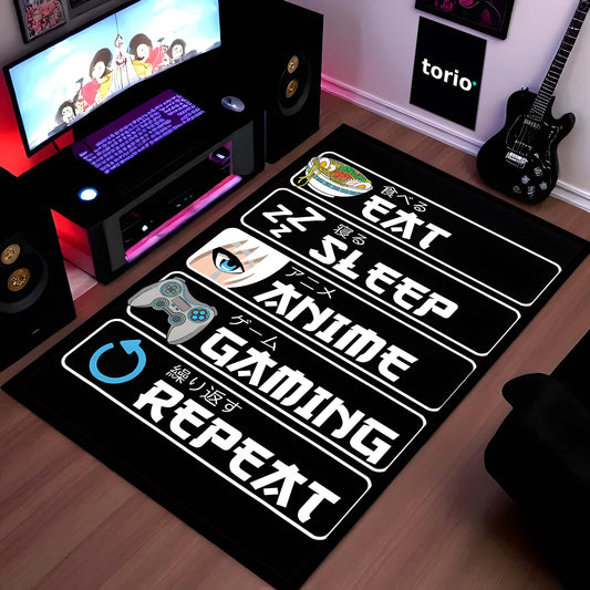 Eat Sleep Anime Gaming Repeat Floor Mat (3 mm Thick) | Ultimate Otaku Gamer Room Flat Rug
