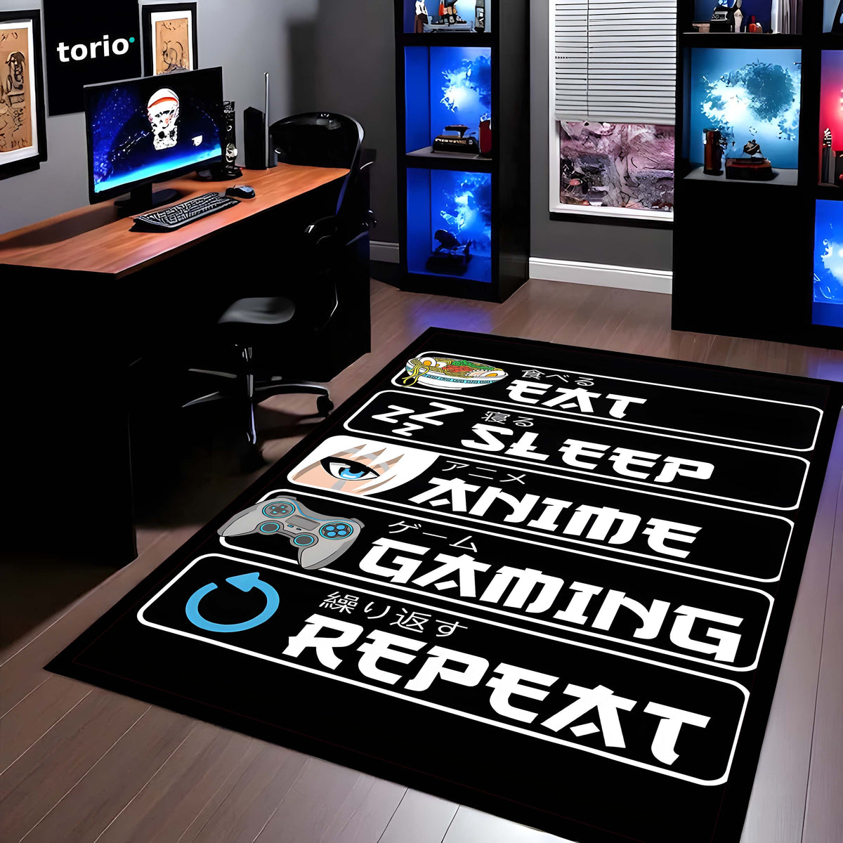 Eat Sleep Anime Gaming Repeat Floor Mat (3 mm Thick) | Ultimate Otaku Gamer Room Flat Rug