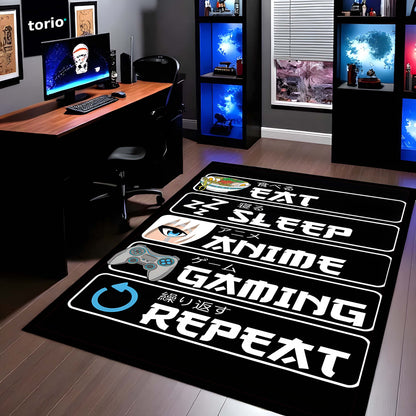 Eat Sleep Anime Gaming Repeat Floor Mat (3 mm Thick) | Ultimate Otaku Gamer Room Flat Rug