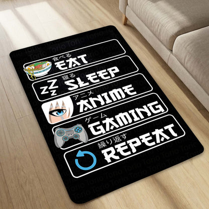 Eat Sleep Anime Gaming Repeat Floor Mat (3 mm Thick) | Ultimate Otaku Gamer Room Flat Rug