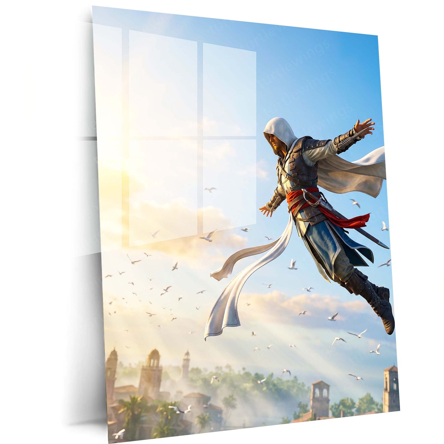Game Metal Poster | Assassin’s Creed Leap of Faith Metal Poster | Epic Assassin Skyline Wall Art | Cinematic Gaming Metal Print