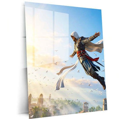 Game Metal Poster | Assassin’s Creed Leap of Faith Metal Poster | Epic Assassin Skyline Wall Art | Cinematic Gaming Metal Print