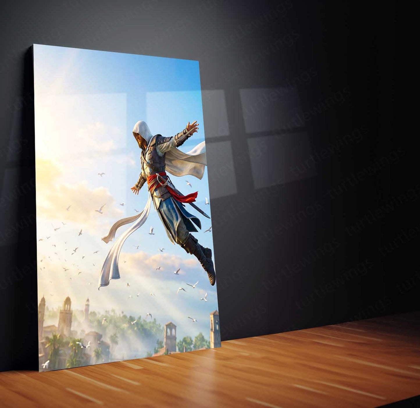 Game Metal Poster | Assassin’s Creed Leap of Faith Metal Poster | Epic Assassin Skyline Wall Art | Cinematic Gaming Metal Print
