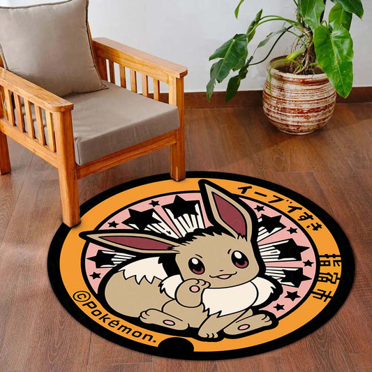 Cute Eevee Round Area Flat Rug | Pokémon Inspired Circle Floor Mat | Anti-Slip 3 mm Absorbent Flat Rug for Bedroom, Gaming Room & Anime Decor