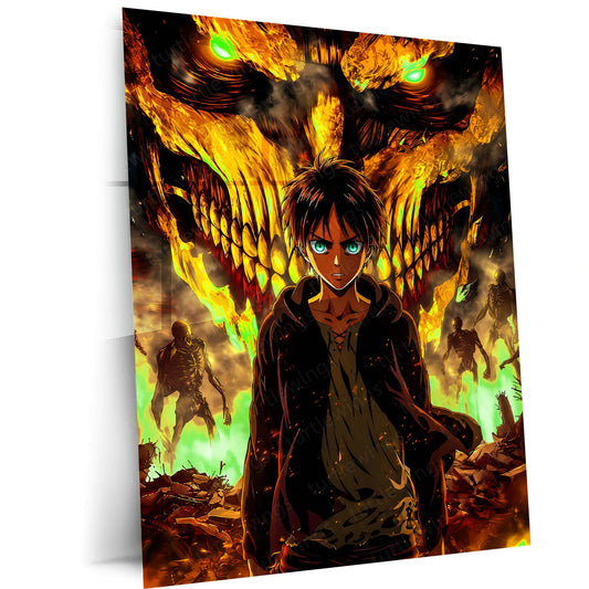 Anime Metal Poster | Attack on Titan Metal Poster | Eren Yeager & Attack Titan Inferno Wall Art | Epic Titan Anime Metal Frame
