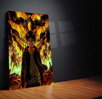 Anime Metal Poster | Attack on Titan Metal Poster | Eren Yeager & Attack Titan Inferno Wall Art | Epic Titan Anime Metal Frame