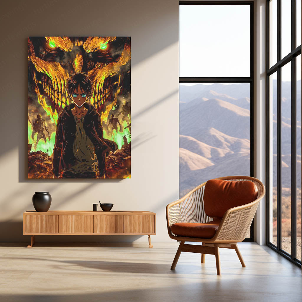 Anime Metal Poster | Attack on Titan Metal Poster | Eren Yeager & Attack Titan Inferno Wall Art | Epic Titan Anime Metal Frame
