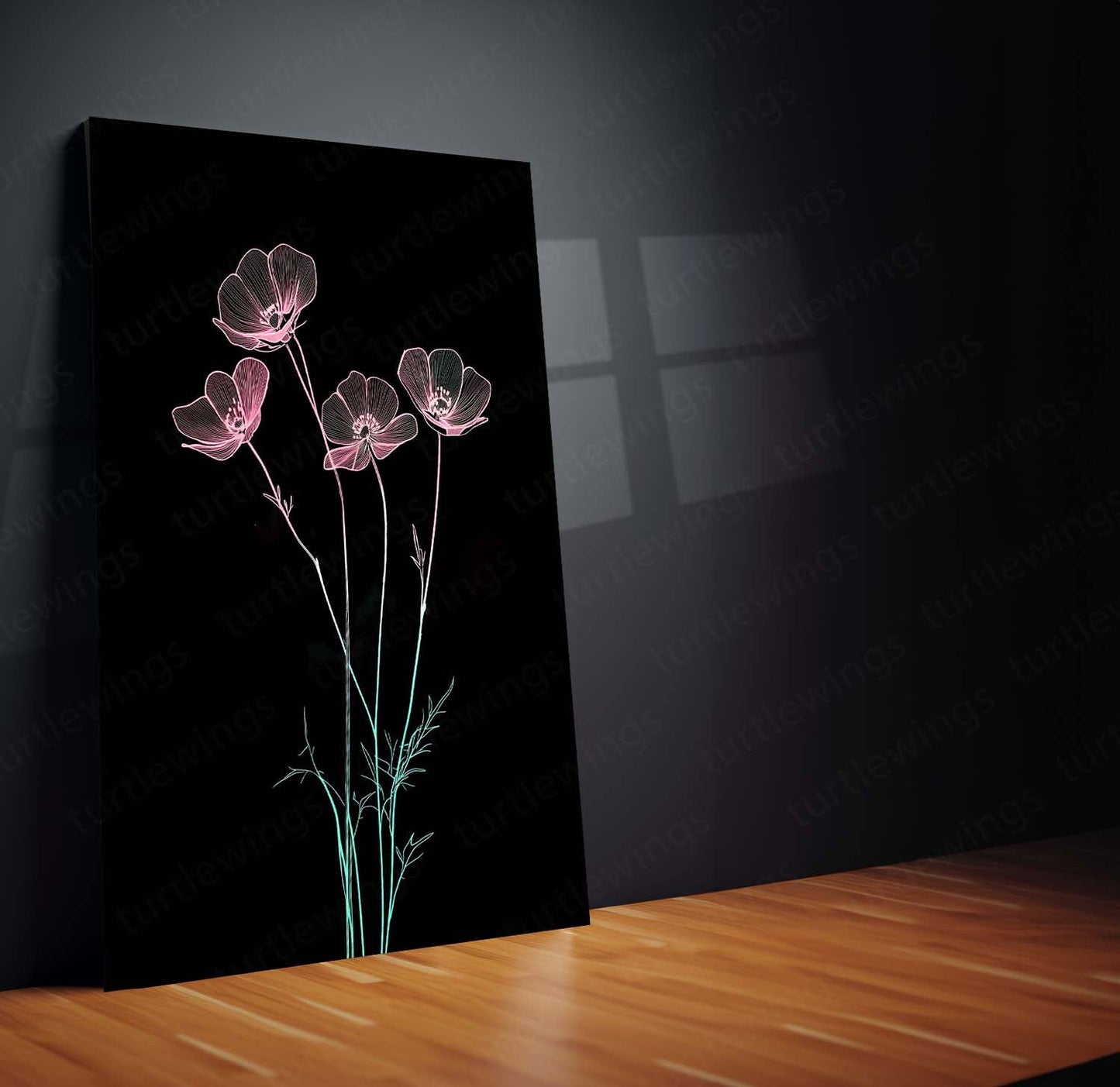 Ethereal Floral Metal Poster | Minimalist Neon Botanical Wall Art | Elegant Contemporary Floral Metal Frame by TurtleWings