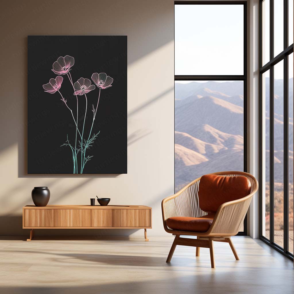 Ethereal Floral Metal Poster | Minimalist Neon Botanical Wall Art | Elegant Contemporary Floral Metal Frame by TurtleWings