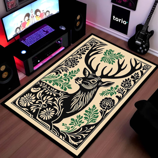 Ethereal Stag Art Area Flat Rug | Mystical Forest Deer Floor Mat | Artistic Wildlife Decorative Flat Rug for Living Room, Bedroom & Study Decor