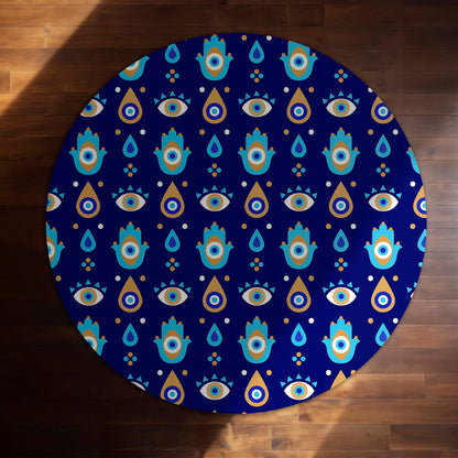 Evil Eye Protection Circular Floor Mat (3 mm Thick) | Nazar Safety Round Flat Rug for Living Room, Entryway, Bedroom & Spiritual Home Decor