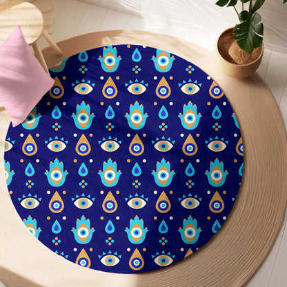 Evil Eye Protection Circular Floor Mat (3 mm Thick) | Nazar Safety Round Flat Rug for Living Room, Entryway, Bedroom & Spiritual Home Decor