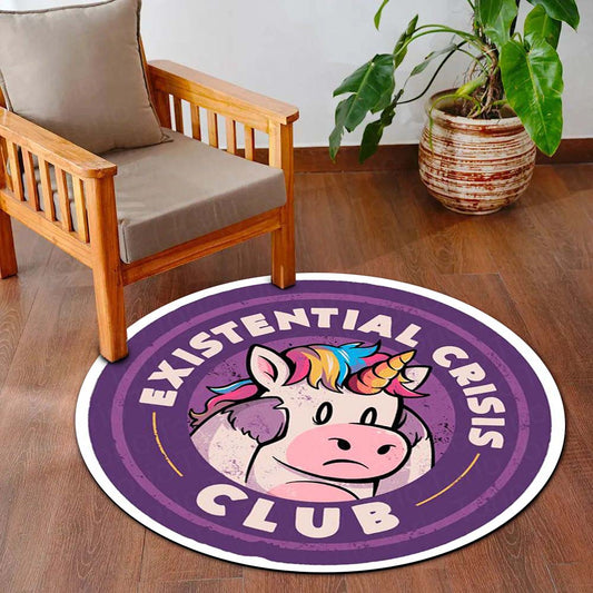 Existential Crisis Club Round Area Flat Rug | Funny Unicorn Circle Floor Mat | Anti-Slip 3 mm Absorbent Flat Rug for Bedroom, Gaming Room & Home Decor