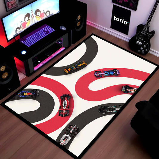 Formula 1 Racing Speed Area Flat Rug | High-Octane Grand Prix Floor Mat | Motorsport Decor Flat Rug for Gaming Room, Bedroom & Fan Cave