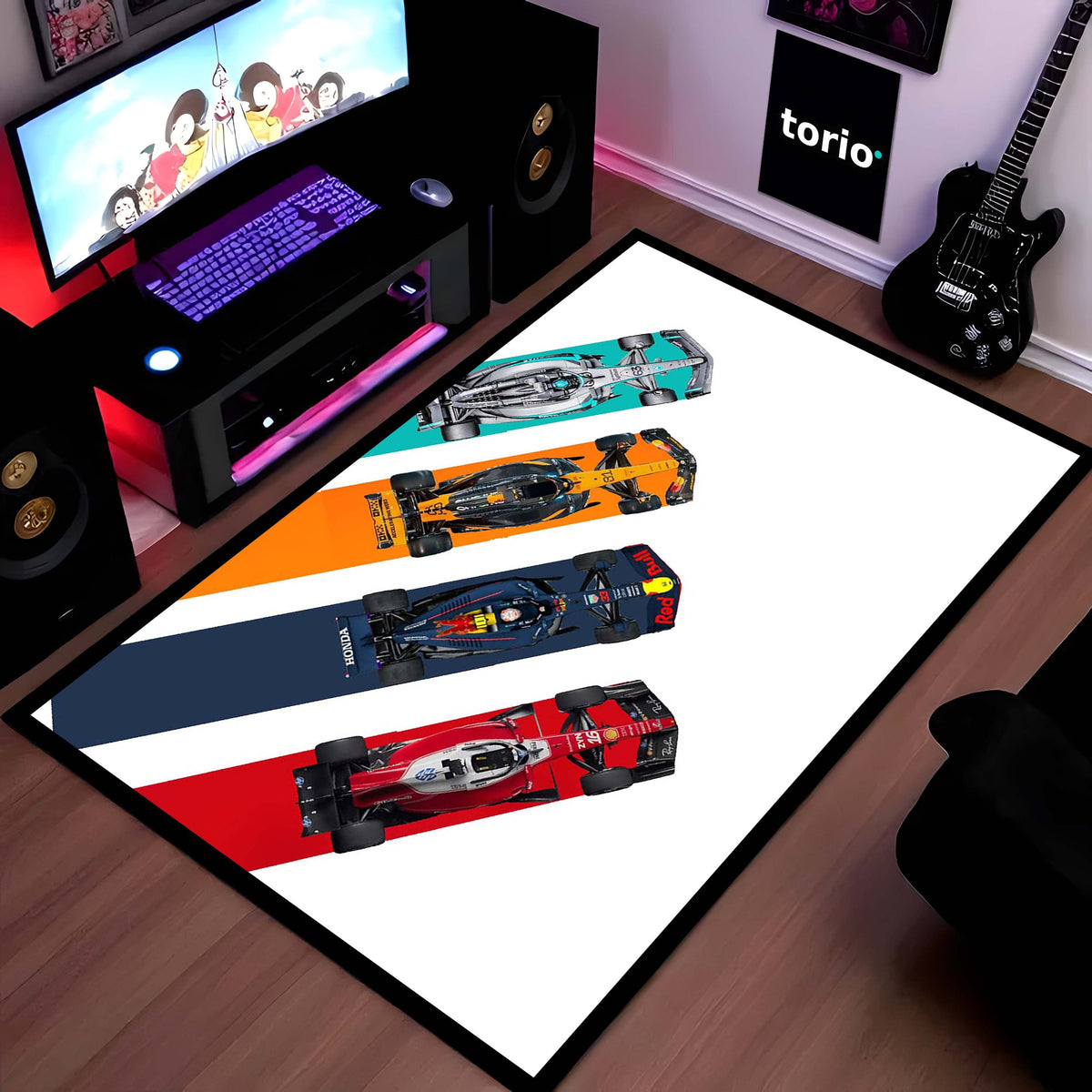 Formula 1 Racing Speed Area Flat Rug | Dynamic Grand Prix Floor Mat | Motorsports Decor Flat Rug for Gaming Room, Bedroom & Fan Cave