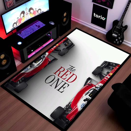 Ferrari Formula 1 Speed Area Flat Rug | Red Racing Car Floor Mat | Motorsports Decor Flat Rug for Gaming Room, Bedroom & Fan Cave