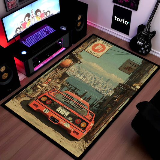 Sports Car Area Flat Rug | Supercar Design Floor Mat | Anti Slip Washable Door Mat for Bedroom, Living Room, Gaming Room Decor | 3 mm Thin Flat Rug