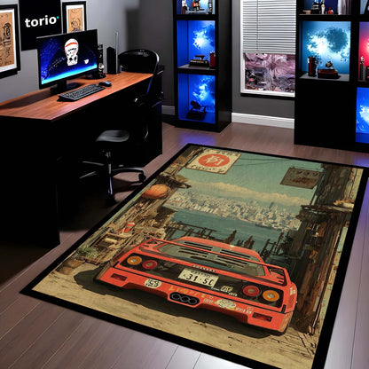 Sports Car Area Flat Rug | Supercar Design Floor Mat | Anti Slip Washable Door Mat for Bedroom, Living Room, Gaming Room Decor | 3 mm Thin Flat Rug