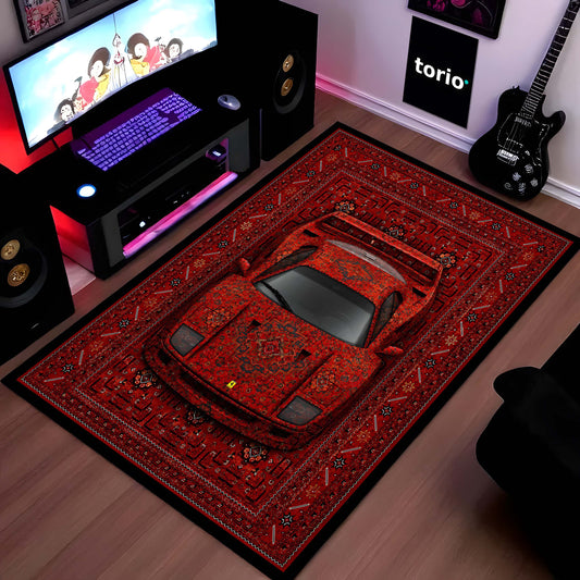 Ferrari Red Persian Area Flat Rug | Exotic Supercar Floor Mat | Luxury Vintage Carpet Style Flat Rug for Bedroom, Gaming Room, Garage & Car Enthusiast Decor