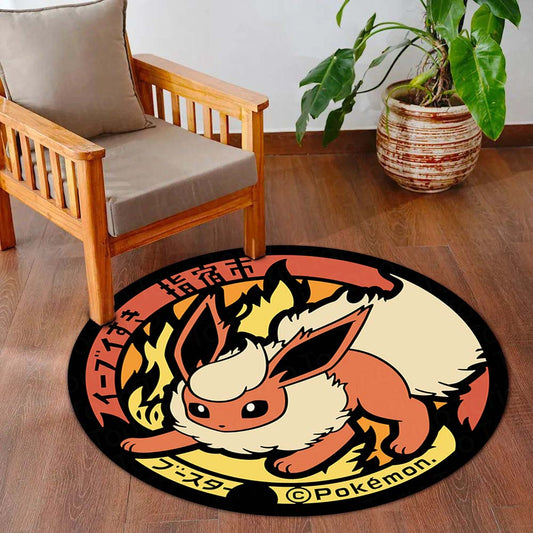 Flareon Round Area Flat Rug | Pokémon Inspired Circle Floor Mat | Anti-Slip 3 mm Absorbent Flat Rug for Bedroom, Gaming Room & Anime Decor