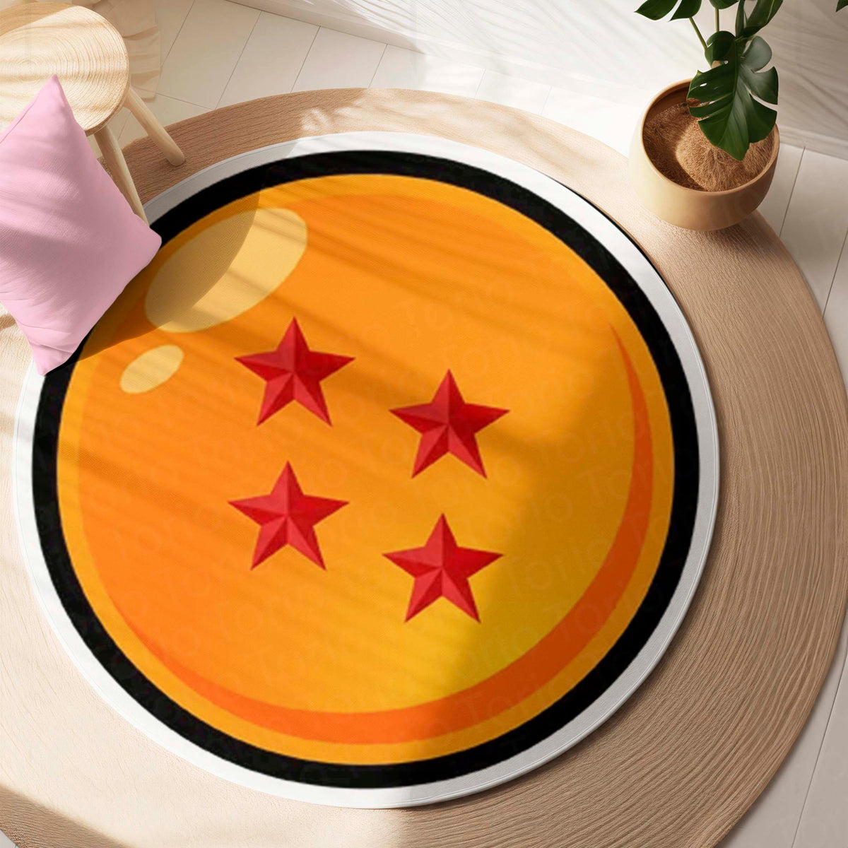 Four Star Dragon Ball Round Flat Rug | Anime Inspired Orange Circle Floor Mat | Anti-Slip 3 mm Absorbent Flat Rug for Bedroom, Gaming Room & Otaku Decor