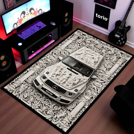 Luxury Marble Sculpture G Wagon Area Flat Rug | Classical Art SUV Floor Mat | Baroque Relief Car Flat Rug for Bedroom, Gaming Room & Luxury Home Decor