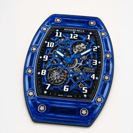 Richard Mille RM 35-02 Blue Sapphire Watch Floor Mat (3 mm Thick) | Luxury Skeleton Dial Cut-Out Flat Rug for Bedroom, Gaming Room & Watch Collector Décor